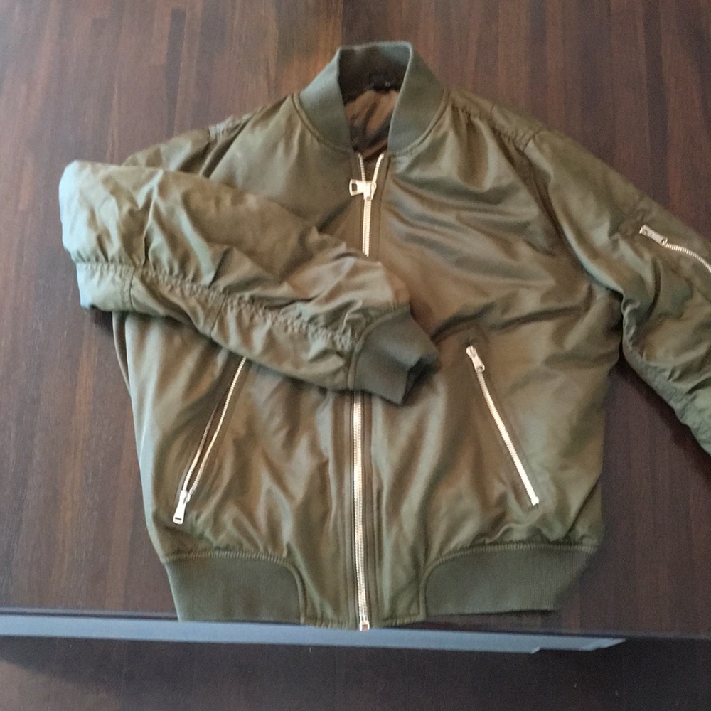 Medium weight army green satin bomber jacket